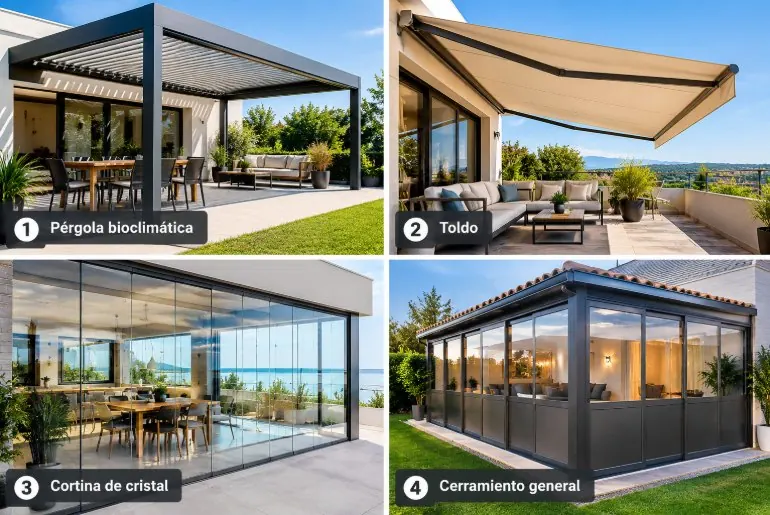 Pérgola bioclimática, toldo, cortina de cristal y cerramiento